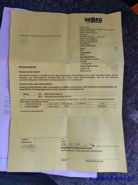 Abholvollmacht für mein Bundeswehr-Fahrzeug